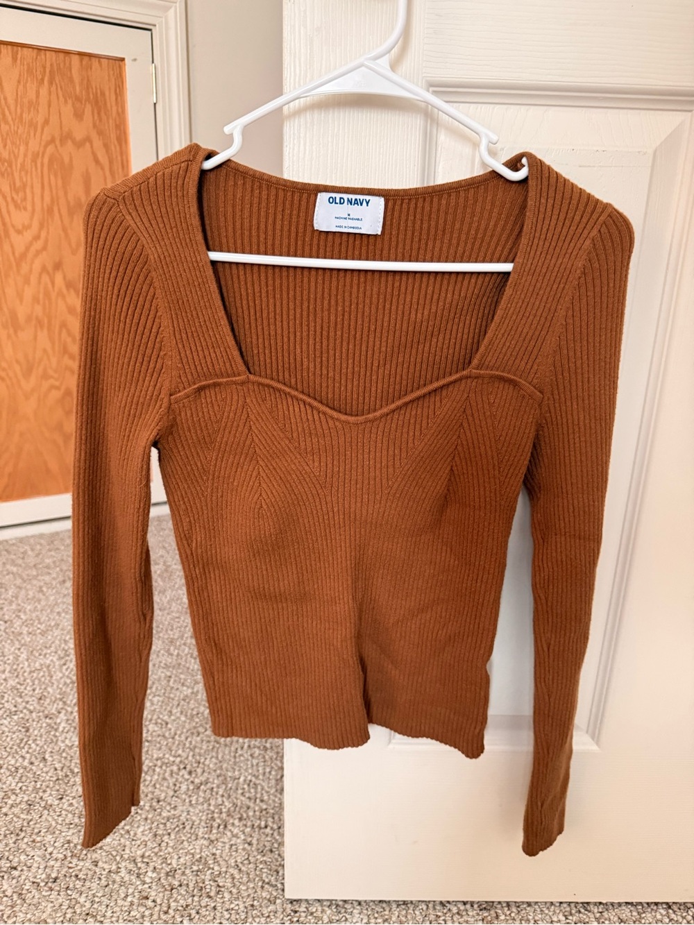 Old Navy Women's Rust Brown Ribbed Square-Neck Long Sleeve Top